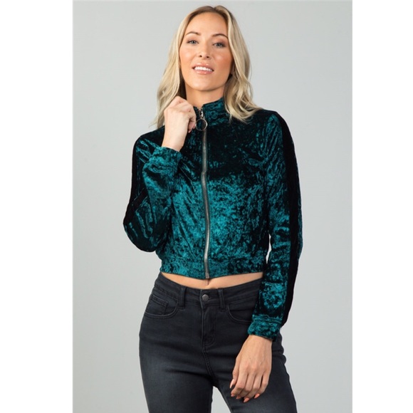 Green Velvet Zip Up Bomber Jacket - Picture 5 of 7